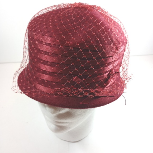 Miss Becky Accessories - Vintage Miss Becky Womens Pillbox Hat Burgundy Wool Felt Birdcage Veil Ribbon